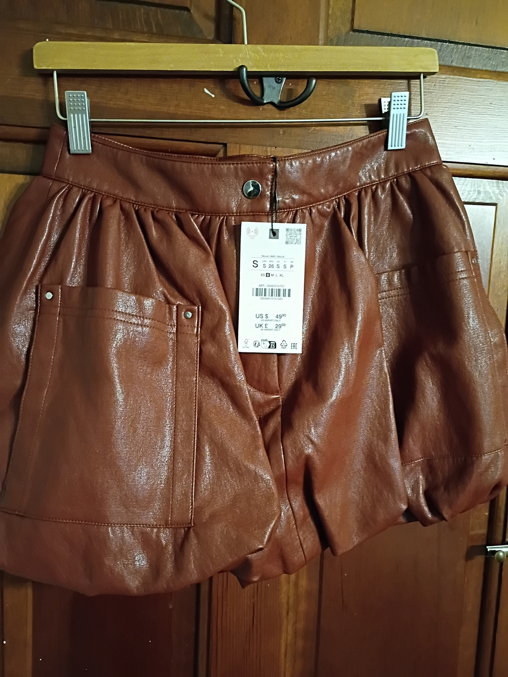 Faux Leather Pocket Balloon Skirt - Brown Size S